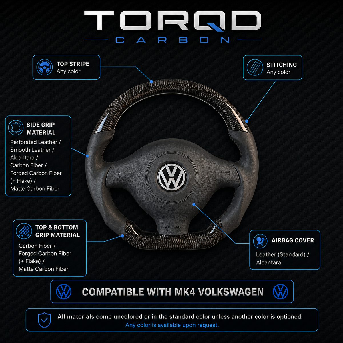 MK4 VW Compatible Customizable Flat Bottom Steering Wheel